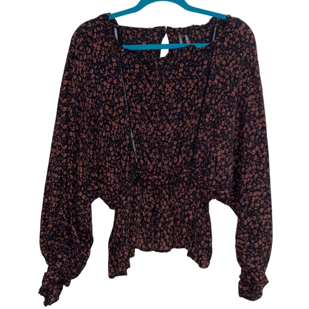 Anthropologie Womens Small Nichola Peplum Floral Brown Blouse Batwing Boho Top